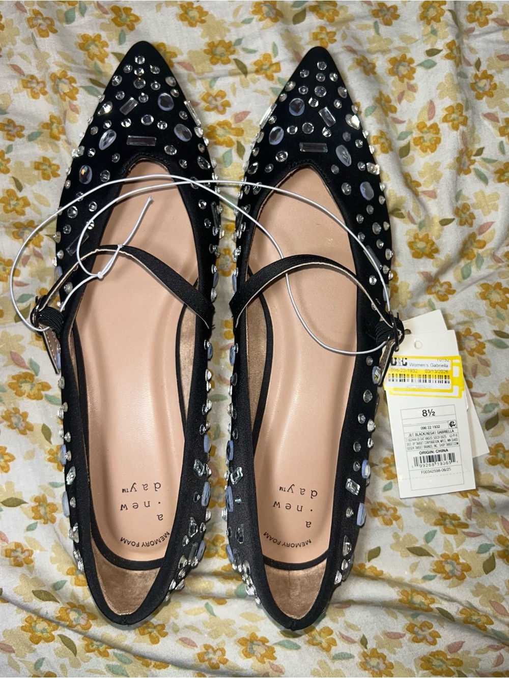 a new day Black Pointed Ballet Flats with Rhinestone Accents
